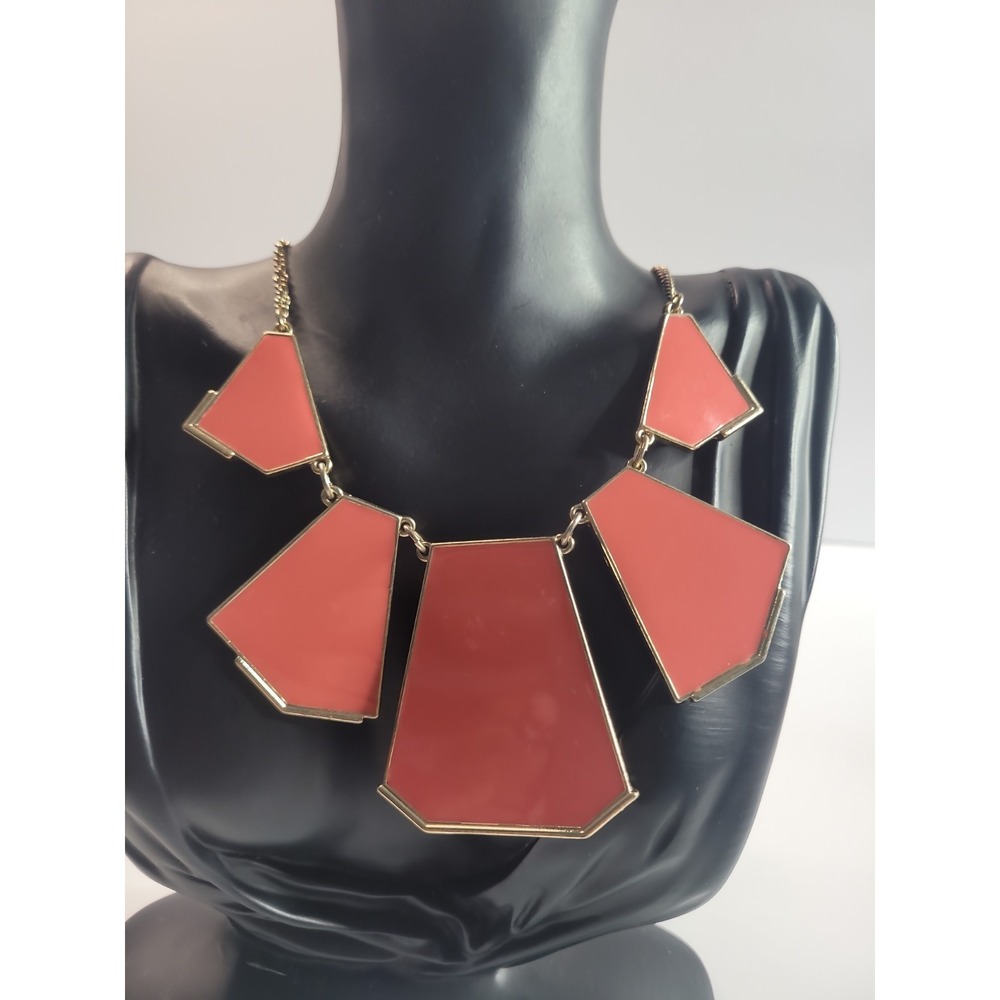Geometric Coral Pink Enamel Statement‎ Necklace Gold Tone Color Block Bib